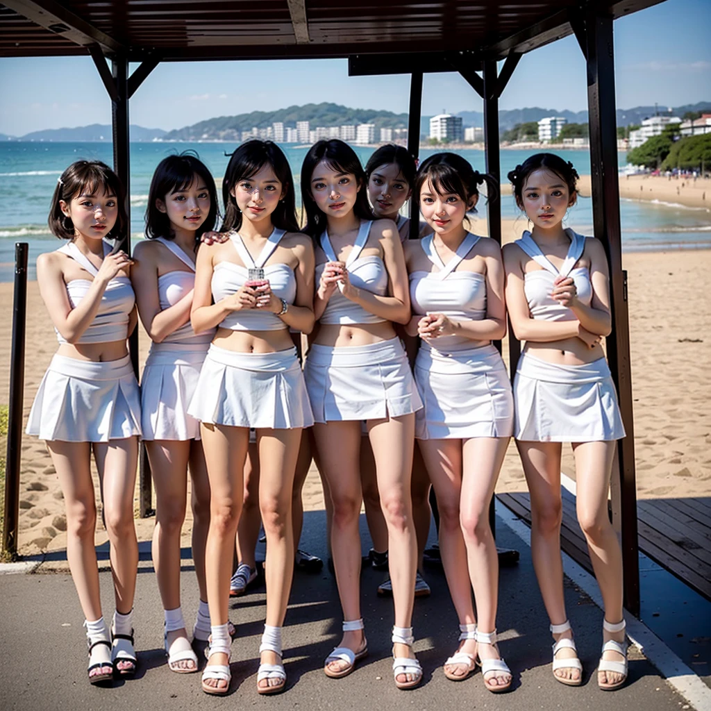 ((ExtremelyDetailed (12 KAWAII Girls in a row:1.37) at Dusk Enoshima Beach)), (masterpiece TopQuality) (photorealistic:1.37), {(Standing Full Body:1.2)|(from below:1.2)}, Different types of hair colors, {School Uniform|naked bandage|tutu}, PUNIPUNI, Joyful Expressions LifeLike Rendering, VolumetricLighting