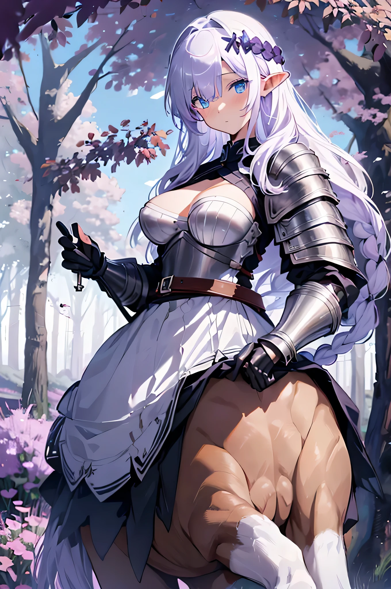 4K,High resolution,One Woman,centaur,White purple hair,long hair,blue eyes,knight,Black Armor,Heavy Armor,Full Armor,White knight outfit,hair band,Long sword,Village in the forest