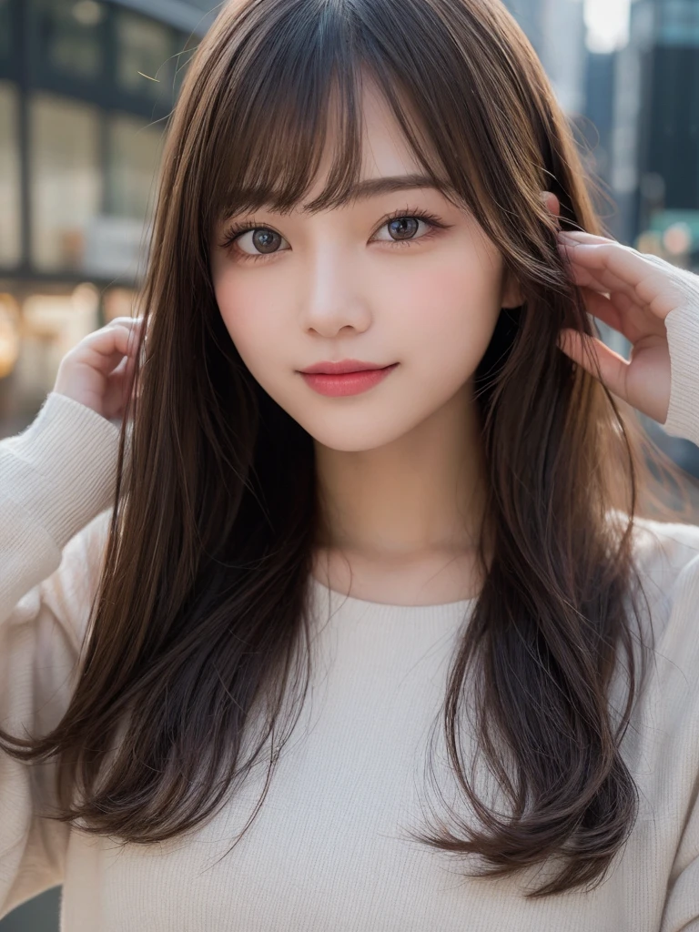 Tabletop, Highest quality, shape, Very detailed, finely, High resolution, 8k wallpaper, 完璧なダイナミックな構shape, Beautiful and detailed, Latest fashion trends in Tokyo winter wear,Medium Hair, Small breasts, Natural color lip,smile,20-year-old girl、Midnight、Beautiful and elaborate face、Perfect and beautiful face、Slim face and figure,Spread your arms wide,Big eyes,Take a photo with your face raised from below your knees、Small face、Beautifully detailed face、Perfect and beautiful double eyelids