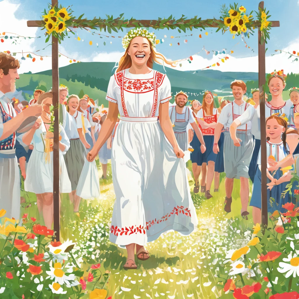 Create an illustration of a warm and festive scene from Midsommar.