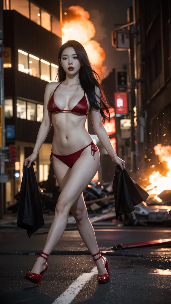 an korean woman, with black long hair, red lipstick, red high heels, in red bikini walking down a destroyed street, style of marvel, movie character, from a marvel movie, amouranth as a super villain, cinematic, arround people run, arrund exploding building