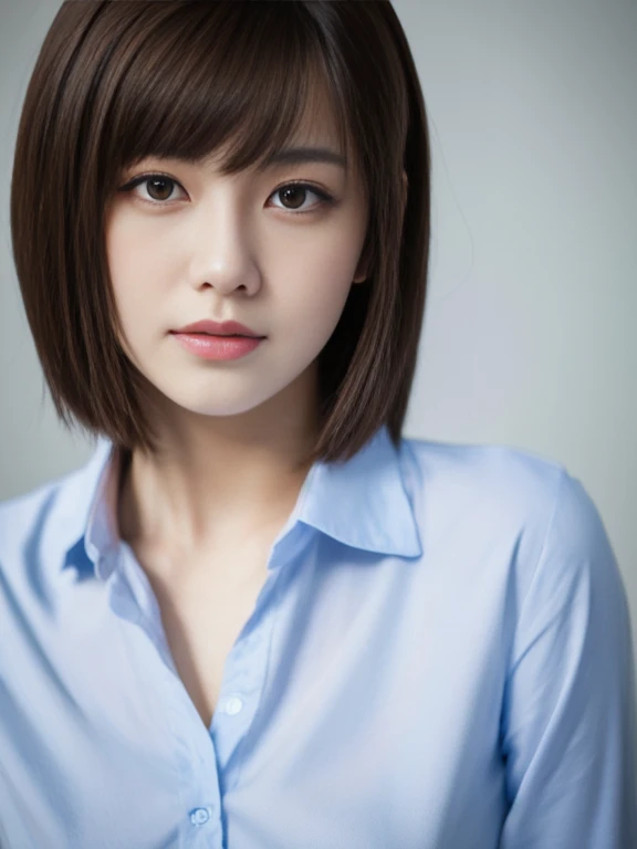 mikasa,19 year old young woman , Best quality, High resolution, Short hair, Black eyes, look at the viewer, wearing a red shirt , plain blue backgrown ,beauty, Highest quality , high resolution