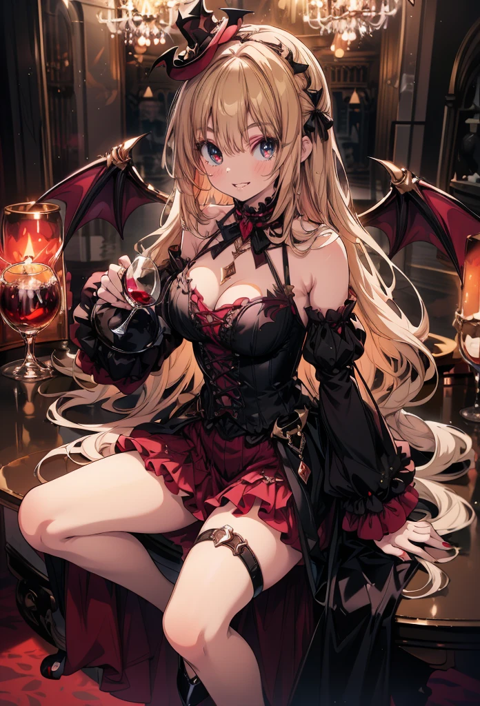 masterpiece, best quality, high resolution, extremely detailed CG, absurdres, highres, 1girl, solo, a vampire girl in gothic costume, sat at a round table with a brandy glass filled with red wine, bat_wings on head, mini hat, heels, frills, luxury hall, Colorful portraits, smile