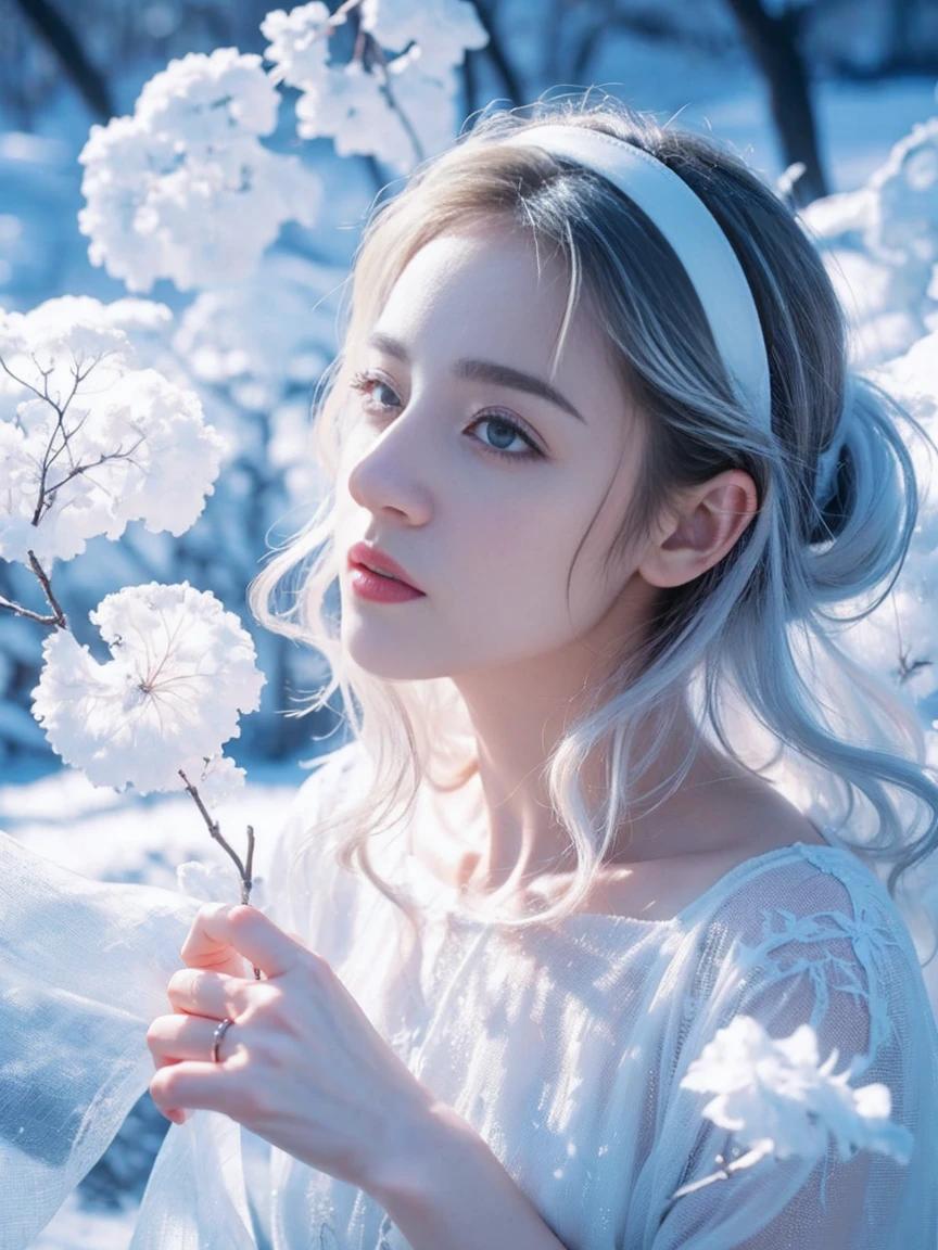 (((masterpiece))), best quality, illustration, 4k wallpaper, movie lighting, absurd, 1 girl,(snow,ice), snow花, in winter, white hair, shiny hair, curls, Transparent Clothes, decorate, lace, wet clothes, away_Shoulder, Headband,masterpiece, telephoto lens, absurd, Exquisite facial features,Record,Poster composition,strike an elegant pose,,Natural light,Soft Light,(Seven-part combination) ,epic,Fantastic and magical,mystery