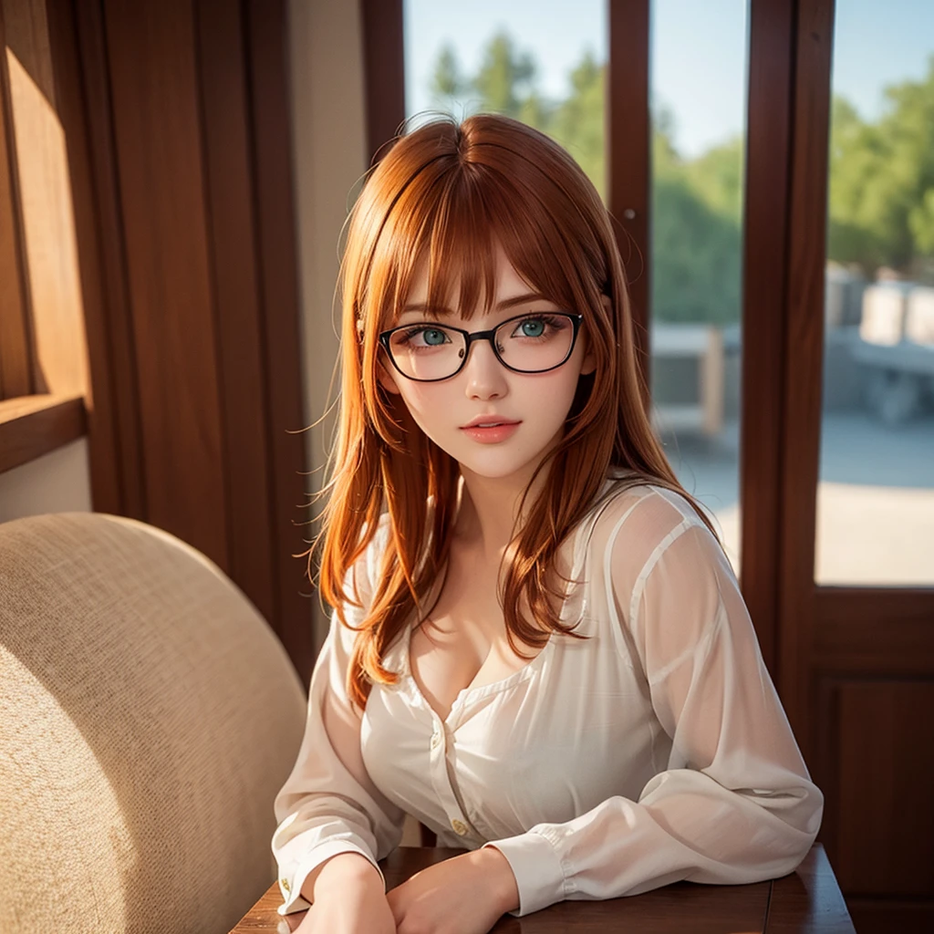 Close-up of Cute beautiful Ginger woman, green eyes, glasses, morning light