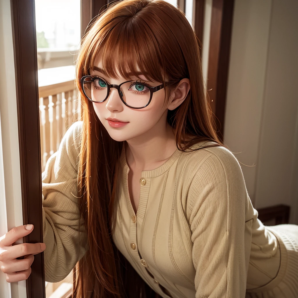 Close-up of Cute beautiful Ginger woman, green eyes, glasses, morning light