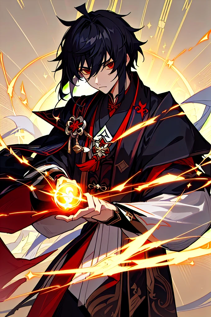 Anime - Stylish images of men with swords and cloaks., Keqing from Genshin Impact, evil male wizard, black hair mage, Zhongli from Genshin Impact, He was casting a light spell., Important anime art, By Yang J, Holy fire spell art, Genshin Impact Characters, Portrait of a magician, Hess Jinyao