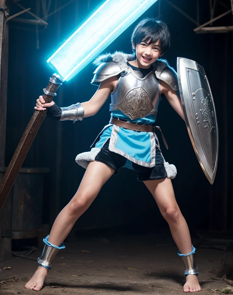 Young 13-year-old boy with black hair and brown eyes, innocent and happy, dressed in short neon-blue medieval barbarian clothes, fur shorts, light-blue battle armor, weilding silver sword and shield, barefoot; fullbody; short hair, boyish athletic, sexy,
