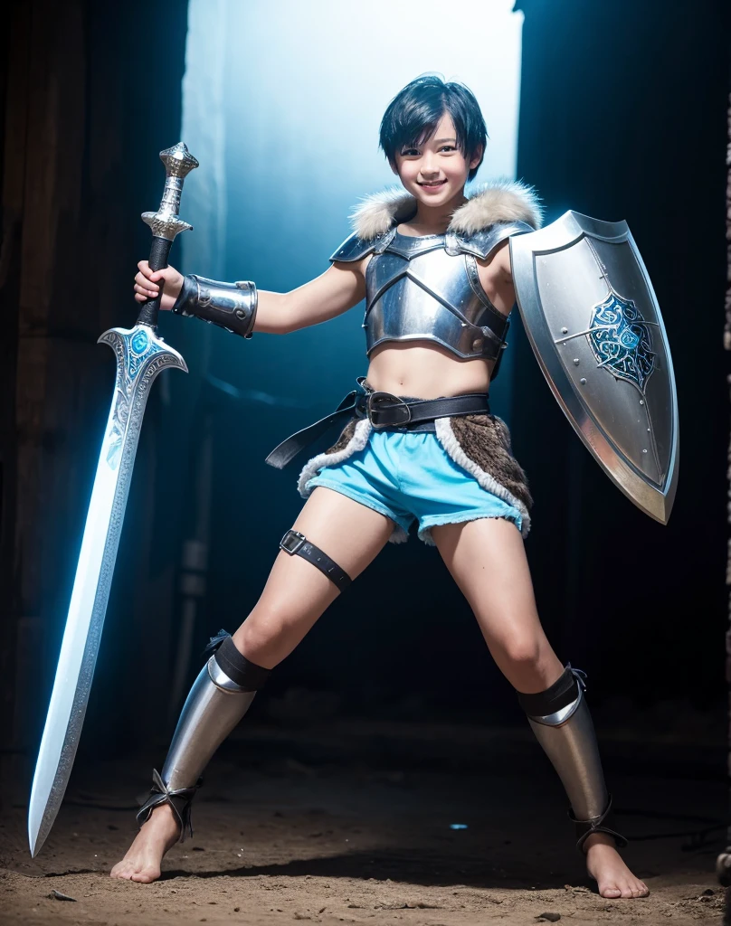 Young 13-year-old boy with black hair and brown eyes, innocent and happy, dressed in short neon-blue medieval barbarian clothes, fur shorts, light-blue battle armor, weilding silver sword and shield, barefoot; fullbody; short hair, boyish athletic, sexy,