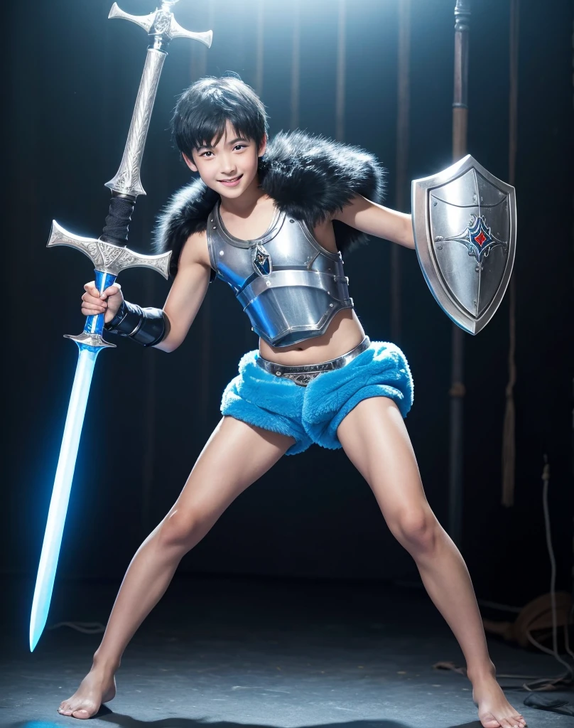 Young 13-year-old boy with black hair and brown eyes, innocent and happy, dressed in short neon-blue medieval barbarian clothes, fur shorts, light-blue battle armor, weilding silver sword and shield, barefoot; fullbody; short hair, boyish athletic, sexy,