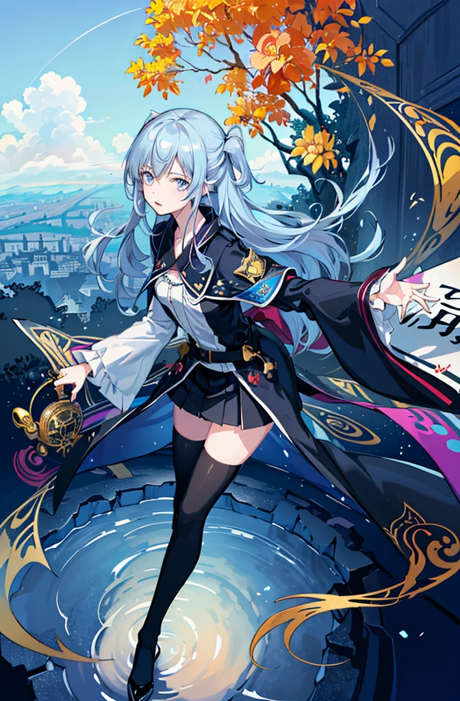 1girl, solo, outdoors, long hair, holy place, Original,(Illustration:1.1),(Best Quality),(masutepiece:1.1),(the Extremely Detailed CG Unity 8K Wallpapers:1.1), (Colorful:0.9),(mid-shot:0.95),(extremely detailed beautiful face),(Solo:1.2), (girl),(((Lori))), (Detailed beautiful eyes:1.15), (Beautiful face:1.15), (Glowing blue eyes:1.25////),(((sky blue Long Hair))),(two side up),(+perfect hand+:1.21),(Draw illustration of Japan priestess costume),(slender),(White pleated skirt),(Gothic),((black thighhighs)),(frilld),(Beautiful Slender Lolita Girl),hallowween,standing, girl,10 years old, girl,foggy place,vampire,sky blue hair,full body,whole body,