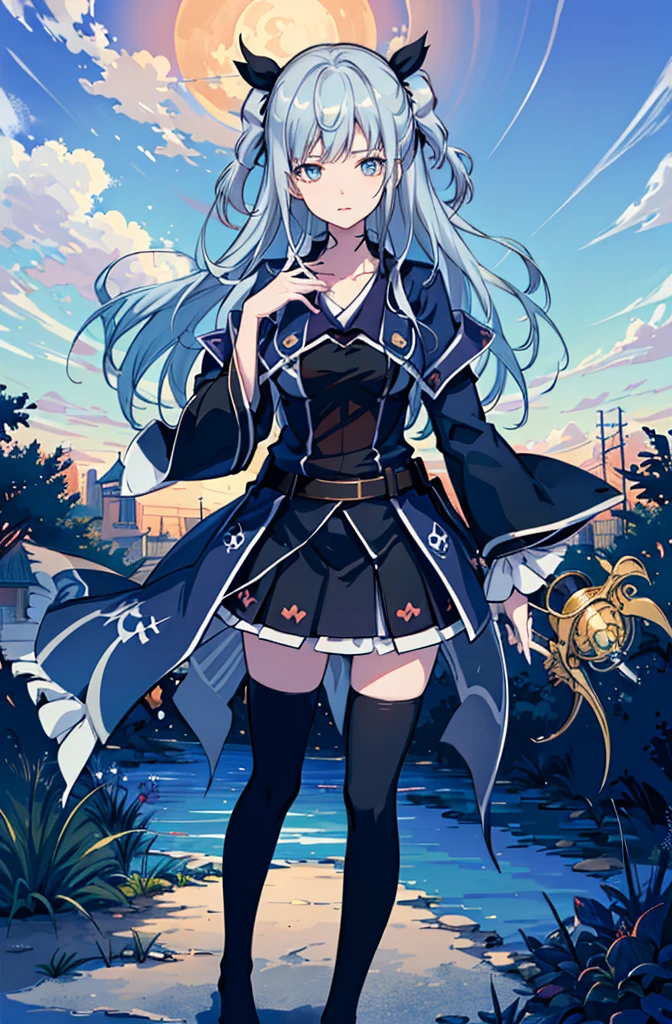 1girl,  solo, outdoors, long hair, holy place, Original,(Illustration:1.1),(Best Quality),(masutepiece:1.1),(the Extremely Detailed CG Unity 8K Wallpapers:1.1), (Colorful:0.9),(mid-shot:0.95),(extremely detailed beautiful face),(Solo:1.2), (girl),(((Lori))), (Detailed beautiful eyes:1.15), (Beautiful face:1.15), (Glowing blue eyes:1.25////),(((sky blue Long Hair))),(two side up),(+perfect hand+:1.21),(Draw illustration of Japan priestess costume),(slender),(White pleated skirt),(Gothic),((black thighhighs)),(frilld),(Beautiful Slender Lolita Girl),hallowween,standing, girl,,  girl,foggy place,vampire,sky blue hair,full body,whole body,