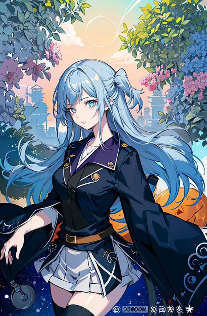 1girl, solo, outdoors, long hair, holy place, Original,(Illustration:1.1),(Best Quality),(masutepiece:1.1),(the Extremely Detailed CG Unity 8K Wallpapers:1.1), (Colorful:0.9),(mid-shot:0.95),(extremely detailed beautiful face),(Solo:1.2), (girl),(((Lori))), (Detailed beautiful eyes:1.15), (Beautiful face:1.15), (Glowing blue eyes:1.25////),(((sky blue Long Hair))),(two side up),(+perfect hand+:1.21),(Draw illustration of Japan priestess costume),(slender),(White pleated skirt),(Gothic),((black thighhighs)),(frilld),(Beautiful Slender Lolita Girl),hallowween,standing, girl,10 years old, girl,foggy place,vampire,sky blue hair,full body,whole body,