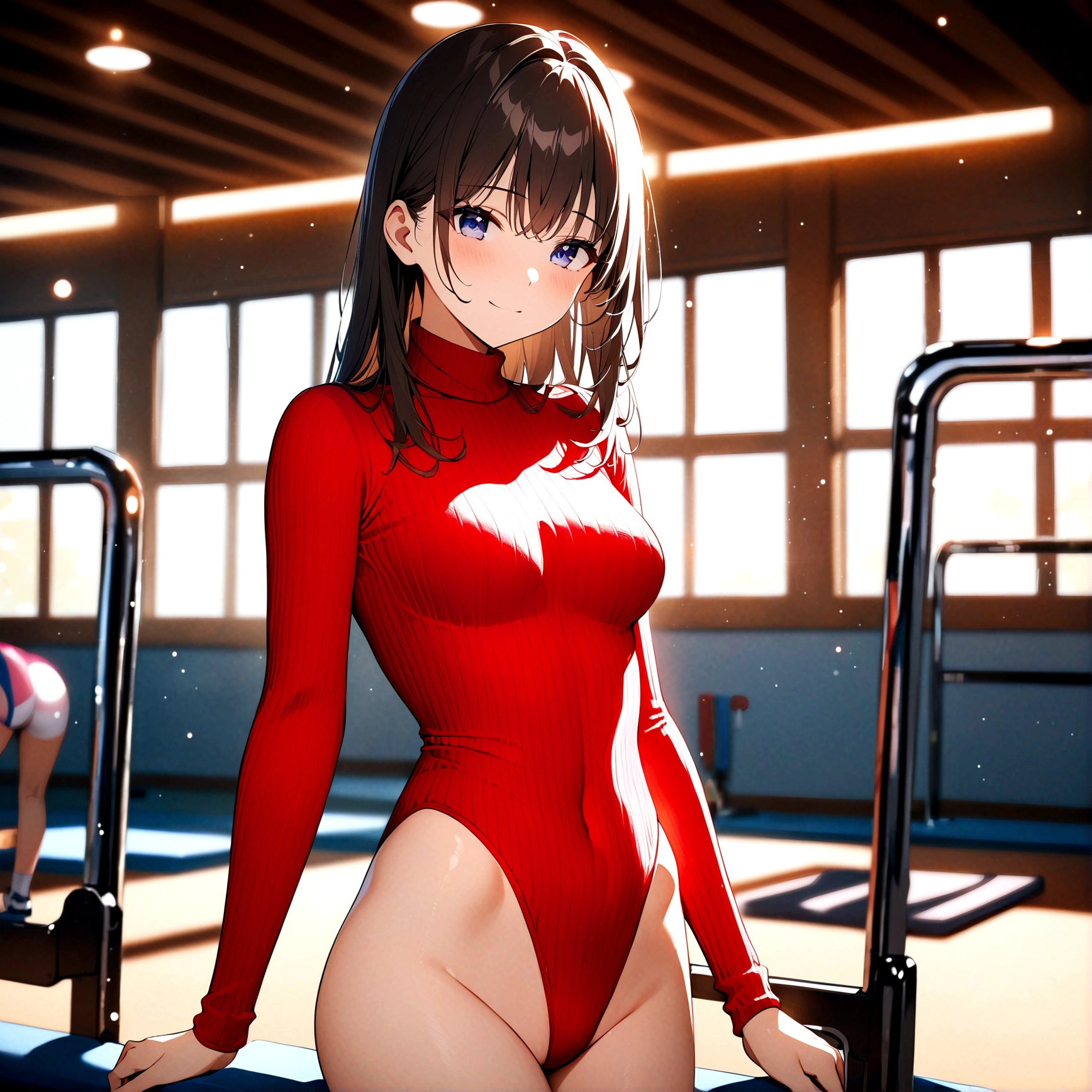 highquality illustration, masterpiece, very delicate and beautiful, attractive girl,(colorful leotard, heattech leotard,tight leotard,long_sleeve leotard,ribbed leotard,high_leg leotard,turtleneck leotard),gymnastics club,gymnastics athlete,bare legs,gymnasium background,beautiful eyes, light smile,(masterpiece, best quality:1.2), highres, extremely detailed CG unity 8k wallpaper, perfect lighting, Colourful, ultra-high res,4K,ultra-detailed, photography, 8K, HDR, 