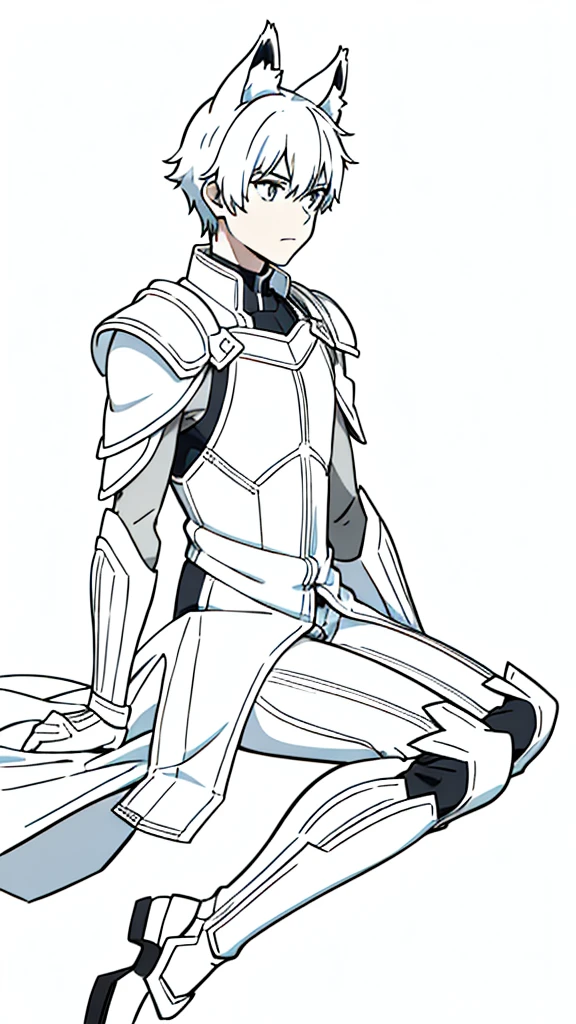 (1boy,15 years old),short hair,solo,white armor ,white hair,fox ears,(white background,line drawing),sitting,from side, looking away,full body,serious