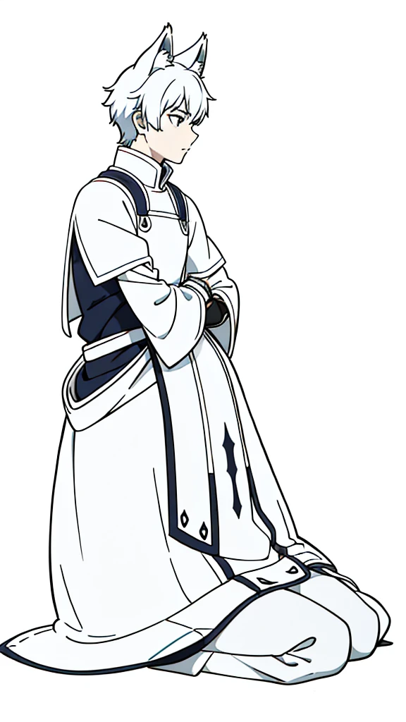 (1boy,15 years old),short hair,solo,white armor ,white hair,fox ears,(white background,line drawing),sitting,from side, looking away,full body,serious