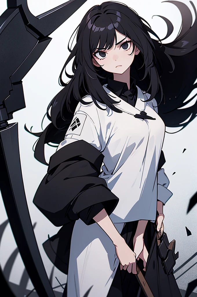 Girl, white skin, black hair, long hair, messy hair, black eyes, dark clotches, holding a scythe above and below
