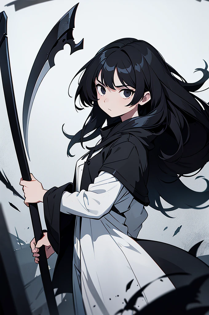 Girl, white skin, black hair, long hair, messy hair, black eyes, dark clotches, holding a scythe above and below