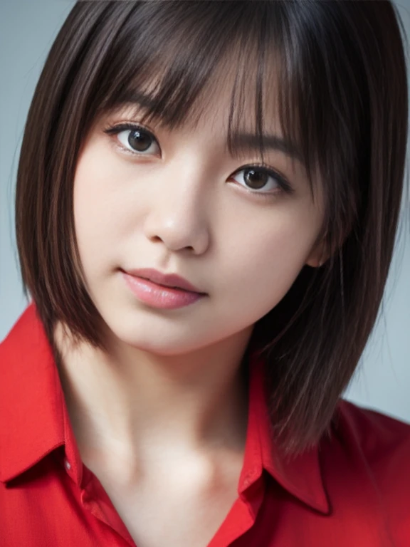 mikasa,19 year old young woman , Best quality, High resolution, Short hair, Black eyes, look at the viewer, wearing a red shirt , plain blue backgrown ,beauty, Highest quality , high resolution