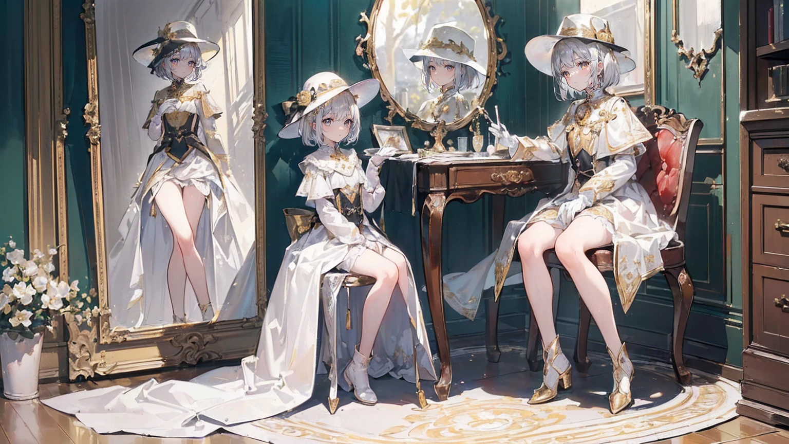 (Super detailed)),((illustration)),((masterpiece)),(((need))),((fine、Highest quality CG Unity 8K wallpapers,masterpiece),((4K,masterpiece,best quality)),Girl with short silver hair,hair strand,expressive hair,Golden pupils,flat chest,Silver sun hat,White gloves,Wearing a white coat,Black and gold western dress,Black and gold boots,A large tree with many branches,Branches laden with fruit,Look in the mirror,Touch the mirror with your hand,Different self in the mirror,Sit in a chair,Paint the mirror with a drawing board,Strange,Full body picture