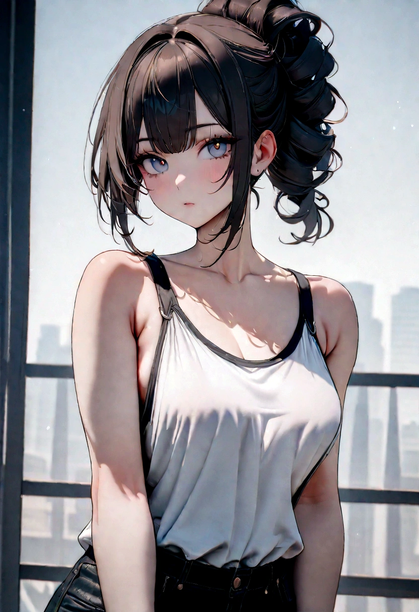 ((Highest quality, 8K, masterpiece :1.3)), 1 Girl, Beautiful woman with slim abdominal muscles :1.3, (Random hairstyle :1.2), Oversized tank top :1.2, Highly detailed face, Beautiful Eyes, double eyelid, Underarm