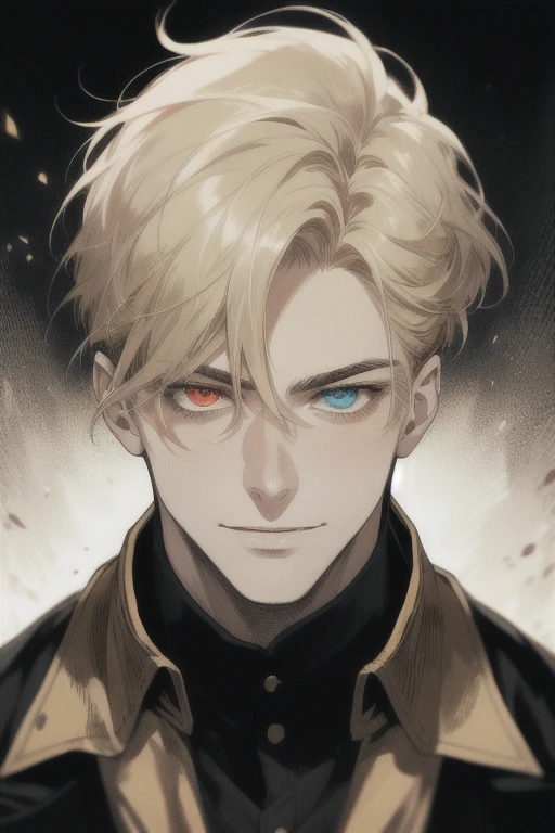 masterpiece, best quality, realistic, 1man, mature man, muscular tall, handsome, smile, closed mouth, portrait, extremely detailed face, (short hair), (golden hair), (heterochromia in eyes), cinematic lighting, high-end digital art, chiaroscuro, dramatic, captivating