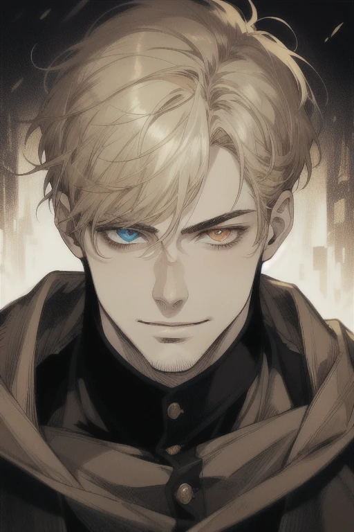 masterpiece, best quality, realistic, 1man, mature man, muscular tall, handsome, smile, closed mouth, portrait, extremely detailed face, (short hair), (golden hair), (heterochromia in eyes), cinematic lighting, high-end digital art, chiaroscuro, dramatic, captivating