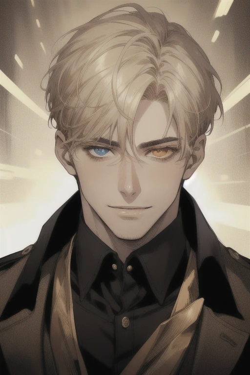 masterpiece, best quality, realistic, 1man, mature man, muscular tall, handsome, smile, closed mouth, portrait, extremely detailed face, (short hair), (golden hair), (heterochromia in eyes), cinematic lighting, high-end digital art, chiaroscuro, dramatic, captivating