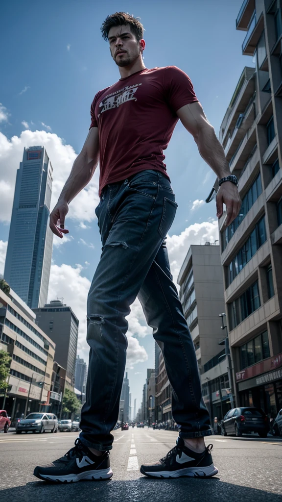 "A towering giant in a cool, laid-back hippie style is wearing a red t-shirt and baggy pants. His toned, athletic build hints at his enormous strength. He appears to be casually strolling through the busy cityscape of GTS City, while imposing buildings tower overhead Smoke and clouds billow around her, adding to the sense of epic scale and drama. The lighting is dark, shadowy, and realistic, creating a tense and ominous atmosphere. ."