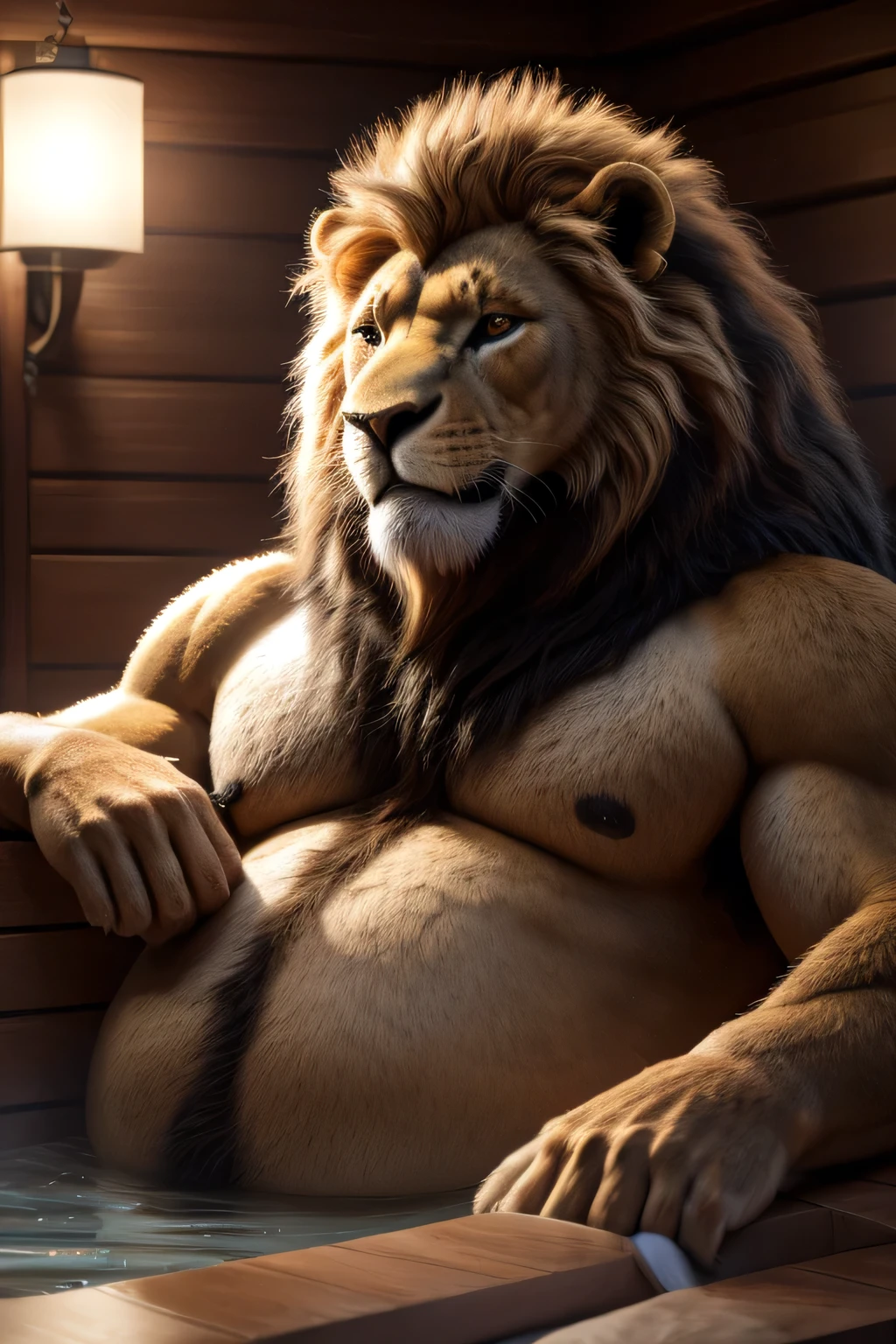 a massive lion, extremely realistic male werelion with a long, long flowing blond mane, extremely detailed and realistic eyes, a very very very very obese body with a very very very fat belly, very very very big belly, transparent long fur covering his very hairy body, wearing a tight jockstrap, posing in a room with a Jacuzzi and sauna, looking directly at the camera, (best quality,8k,highres,masterpiece:1.2),ultra-detailed,(realistic,photorealistic,photo-realistic:1.37),HDR,UHD,studio lighting,ultra-fine painting,sharp focus,physically-based rendering,extreme detail description,professional,vivid colors,bokeh,cinematic,extremely detailed eyes and face, correct anatomy, correct eyes, correct hand