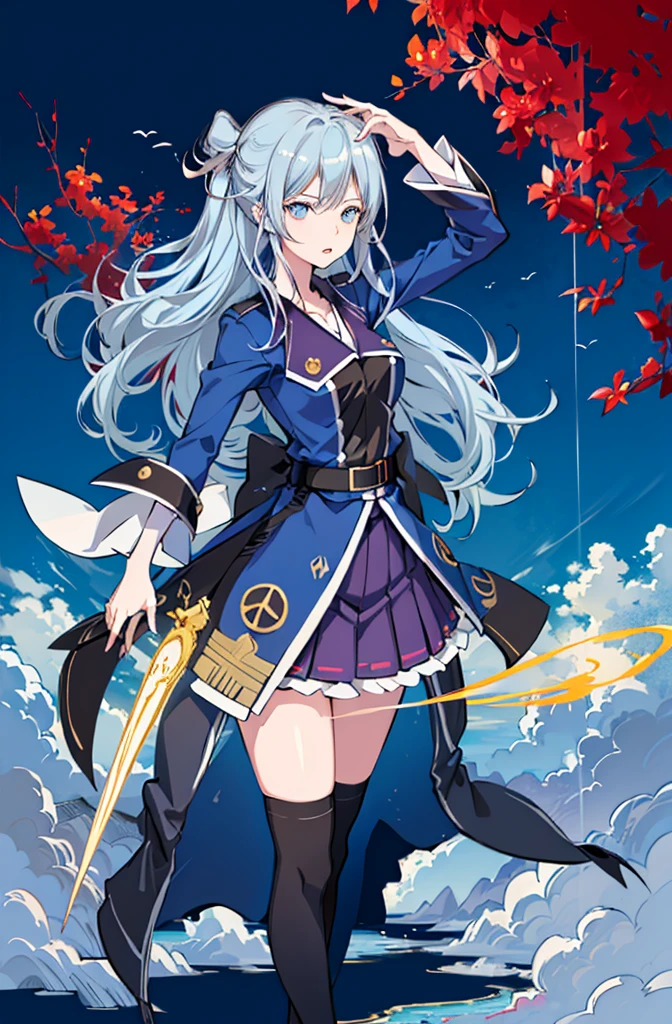 1girl, solo, outdoors, long hair, holy place, Original,(Illustration:1.1),(Best Quality),(masutepiece:1.1),(the Extremely Detailed CG Unity 8K Wallpapers:1.1), (Colorful:0.9),(mid-shot:0.95),(extremely detailed beautiful face),(Solo:1.2), (girl),(((Lori))), (Detailed beautiful eyes:1.15), (Beautiful face:1.15), (Glowing blue eyes:1.25////),(((sky blue Long Hair))),(two side up),(+perfect hand+:1.21),(Draw illustration of Japan priestess costume),(slender),(White pleated skirt),(Gothic),((black thighhighs)),(frilld),(Beautiful Slender Lolita Girl),hallowween,standing, girl,, girl,foggy place,vampire,sky blue hair,full body,whole body,