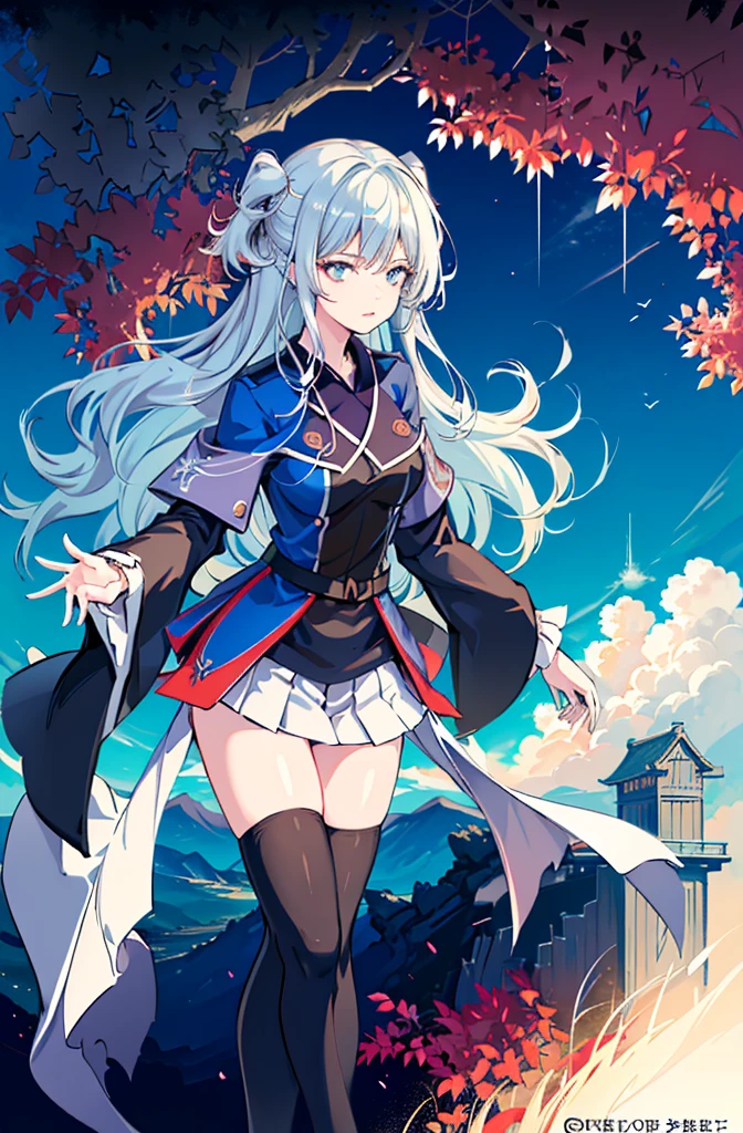 1girl,  solo, outdoors, long hair, holy place, Original,(Illustration:1.1),(Best Quality),(masutepiece:1.1),(the Extremely Detailed CG Unity 8K Wallpapers:1.1), (Colorful:0.9),(mid-shot:0.95),(extremely detailed beautiful face),(Solo:1.2), (girl),(((Lori))), (Detailed beautiful eyes:1.15), (Beautiful face:1.15), (Glowing blue eyes:1.25////),(((sky blue Long Hair))),(two side up),(+perfect hand+:1.21),(Draw illustration of Japan priestess costume),(slender),(White pleated skirt),(Gothic),((black thighhighs)),(frilld),(Beautiful Slender Lolita Girl),hallowween,standing, girl,10 years old,  girl,foggy place,vampire,sky blue hair,full body,whole body,