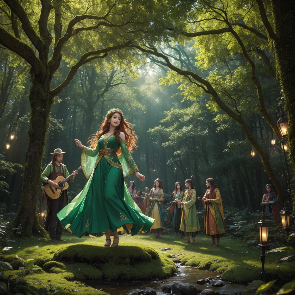 A breathtaking ultra-realistic 16K resolution image depicting an enchanting forest festival. The scene is set in an ancient woodland with towering, moss-covered trees that form a natural cathedral of greenery. Strings of glowing lanterns and fairy lights hang from the branches, illuminating the scene with a warm, magical glow. In the center, a majestic, intricately carved wooden stage hosts musicians playing traditional instruments. The crowd, dressed in vibrant, fantasy-inspired costumes, dances and celebrates. A beautiful woman with flowing auburn hair adorned with flowers, wearing an elegant, emerald green gown with gold embroidery, stands in the foreground, her expression joyful and captivating. Nearby, children chase luminescent butterflies and playful forest creatures. The atmosphere is ethereal and filled with a sense of wonder and timelessness, painted with vivid, cinematic colors and sharp focus, reminiscent of a scene from a fantasy novel. The lighting should highlight the natural beauty and mystical elements, creating an unforgettable visual experience.
