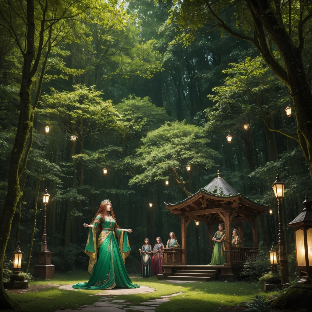 A breathtaking ultra-realistic 16K resolution image depicting an enchanting forest festival. The scene is set in an ancient woodland with towering, moss-covered trees that form a natural cathedral of greenery. Strings of glowing lanterns and fairy lights hang from the branches, illuminating the scene with a warm, magical glow. In the center, a majestic, intricately carved wooden stage hosts musicians playing traditional instruments. The crowd, dressed in vibrant, fantasy-inspired costumes, dances and celebrates. A beautiful woman with flowing auburn hair adorned with flowers, wearing an elegant, emerald green gown with gold embroidery, stands in the foreground, her expression joyful and captivating. Nearby, children chase luminescent butterflies and playful forest creatures. The atmosphere is ethereal and filled with a sense of wonder and timelessness, painted with vivid, cinematic colors and sharp focus, reminiscent of a scene from a fantasy novel. The lighting should highlight the natural beauty and mystical elements, creating an unforgettable visual experience.