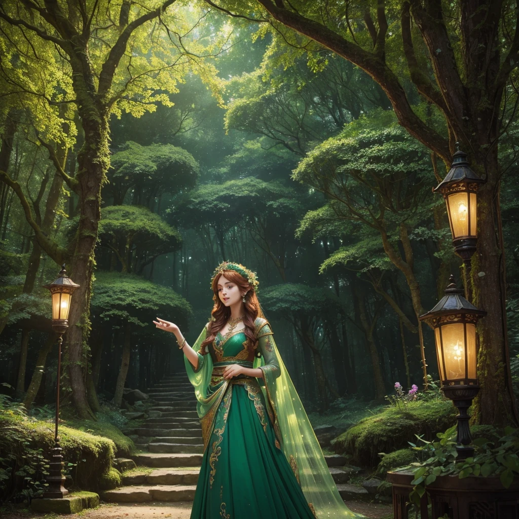 A breathtaking ultra-realistic 16K resolution image depicting an enchanting forest festival. The scene is set in an ancient woodland with towering, moss-covered trees that form a natural cathedral of greenery. Strings of glowing lanterns and fairy lights hang from the branches, illuminating the scene with a warm, magical glow. In the center, a majestic, intricately carved wooden stage hosts musicians playing traditional instruments. The crowd, dressed in vibrant, fantasy-inspired costumes, dances and celebrates. A beautiful woman with flowing auburn hair adorned with flowers, wearing an elegant, emerald green gown with gold embroidery, stands in the foreground, her expression joyful and captivating. Nearby, children chase luminescent butterflies and playful forest creatures. The atmosphere is ethereal and filled with a sense of wonder and timelessness, painted with vivid, cinematic colors and sharp focus, reminiscent of a scene from a fantasy novel. The lighting should highlight the natural beauty and mystical elements, creating an unforgettable visual experience.