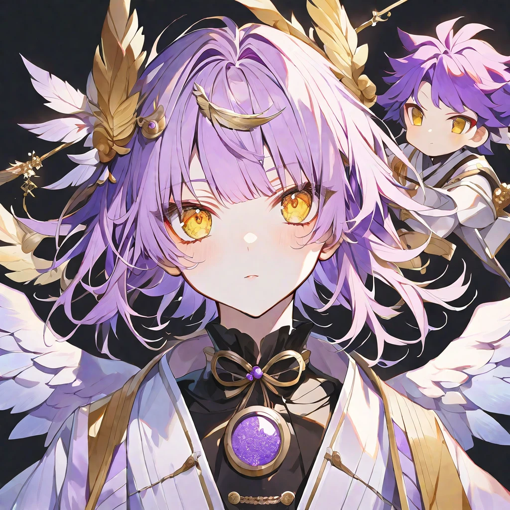 独奏,handsome, Watercolor,
1. male,
hime cut,Straight Hair,short Hair,
purple hair, Gojo Satoru,
yellow Eyes, Lolita,Angel ,Angel feather,
sexly,purple,
skin,Silver Accessories,Face up,İcon,
black background,