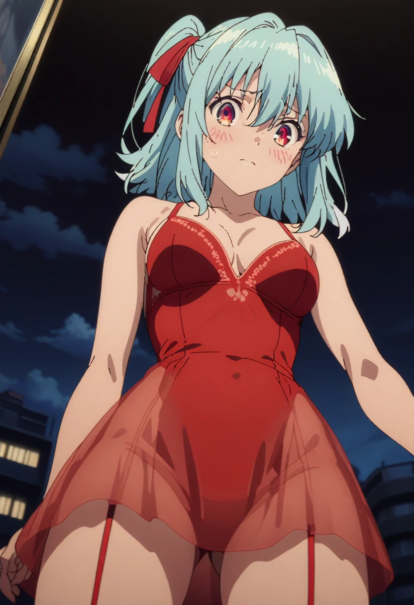 cel-shaded, 1990s_anime, detailed, high quality, masterpiece, best quality, very aesthetic, absurdres, anime screencap, miku. 1girl, solo, (red eyes:1.5), detailed eyes, light blue hair, medium hair, one side up , bangs, hair between eyes, hair ribbons, red lingerie, (see-through), red dress, red garter straps, thighs, medium breasts, blush, borrowed, embarrassed, sexy, collarbone, cleavage, cowboy shot, ((from below)), against window, city, sky, clouds, night, (wariza), ((open legs)), (looking at viewer:1.0