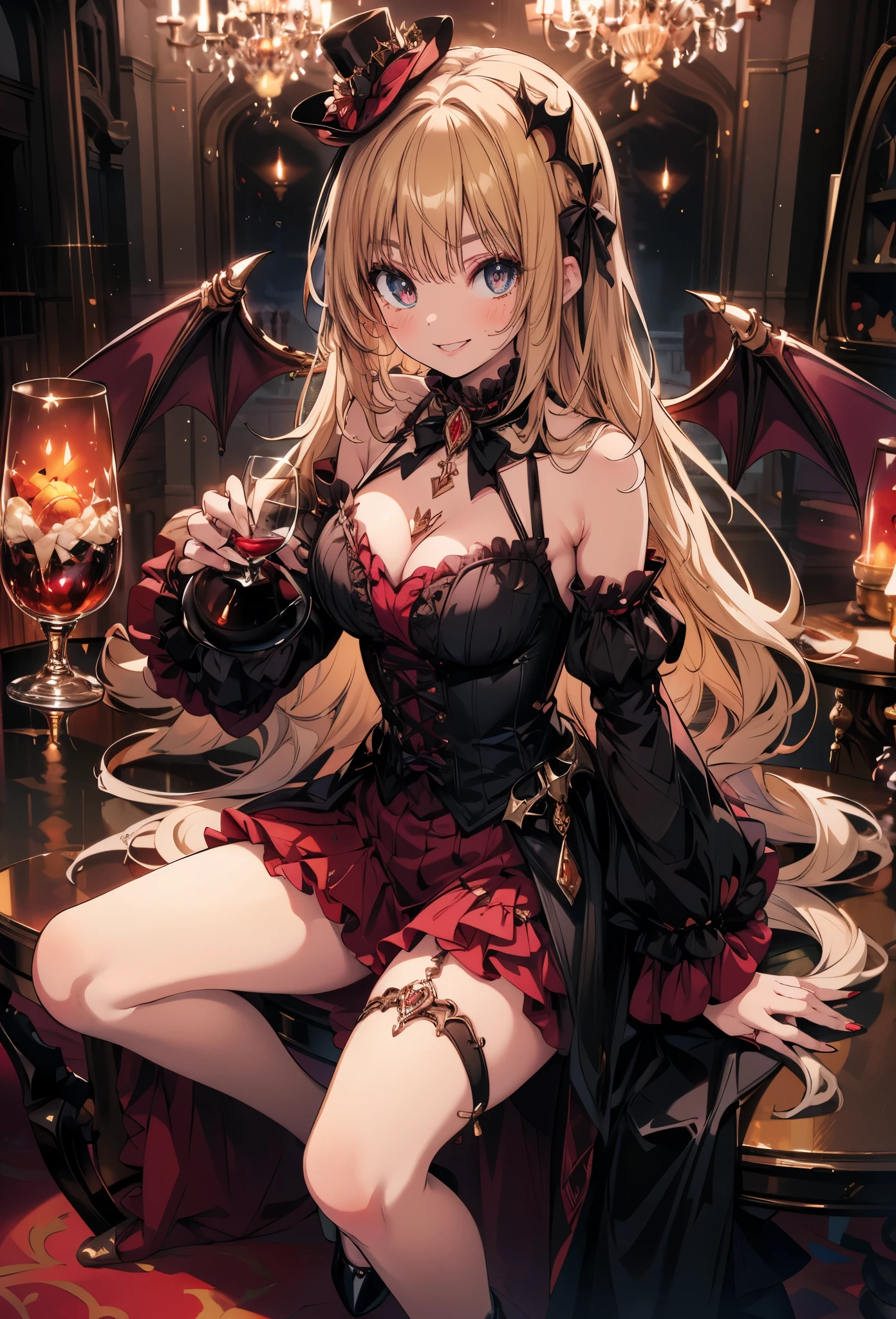 masterpiece, best quality, high resolution, extremely detailed CG, absurdres, highres, 1girl, solo, a vampire girl in gothic costume, sat at a round table with a brandy glass filled with red wine, bat_wings on head, mini hat, heels, frills, luxury hall, Colorful portraits, smile