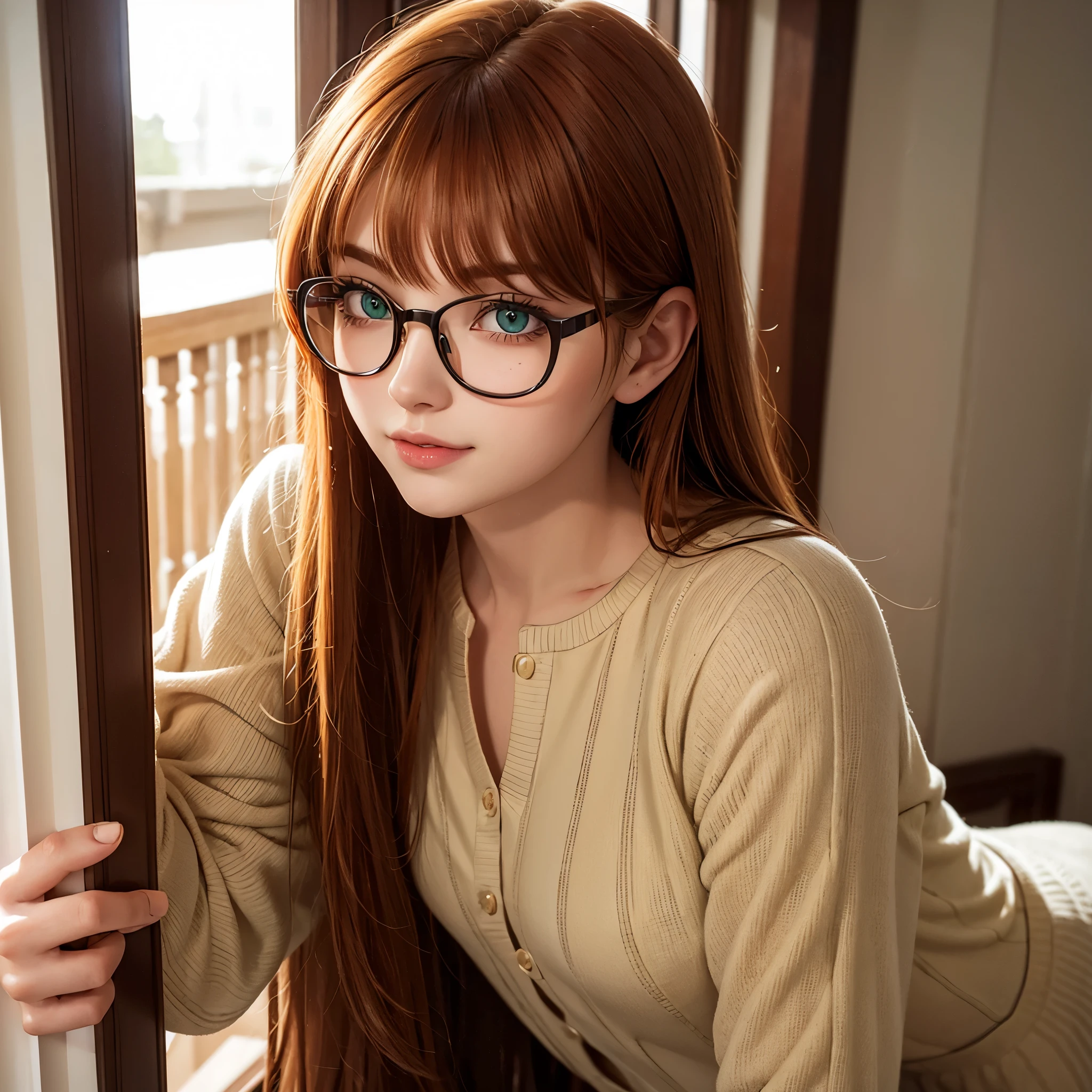 Close-up of Cute beautiful Ginger woman, green eyes, glasses, morning light