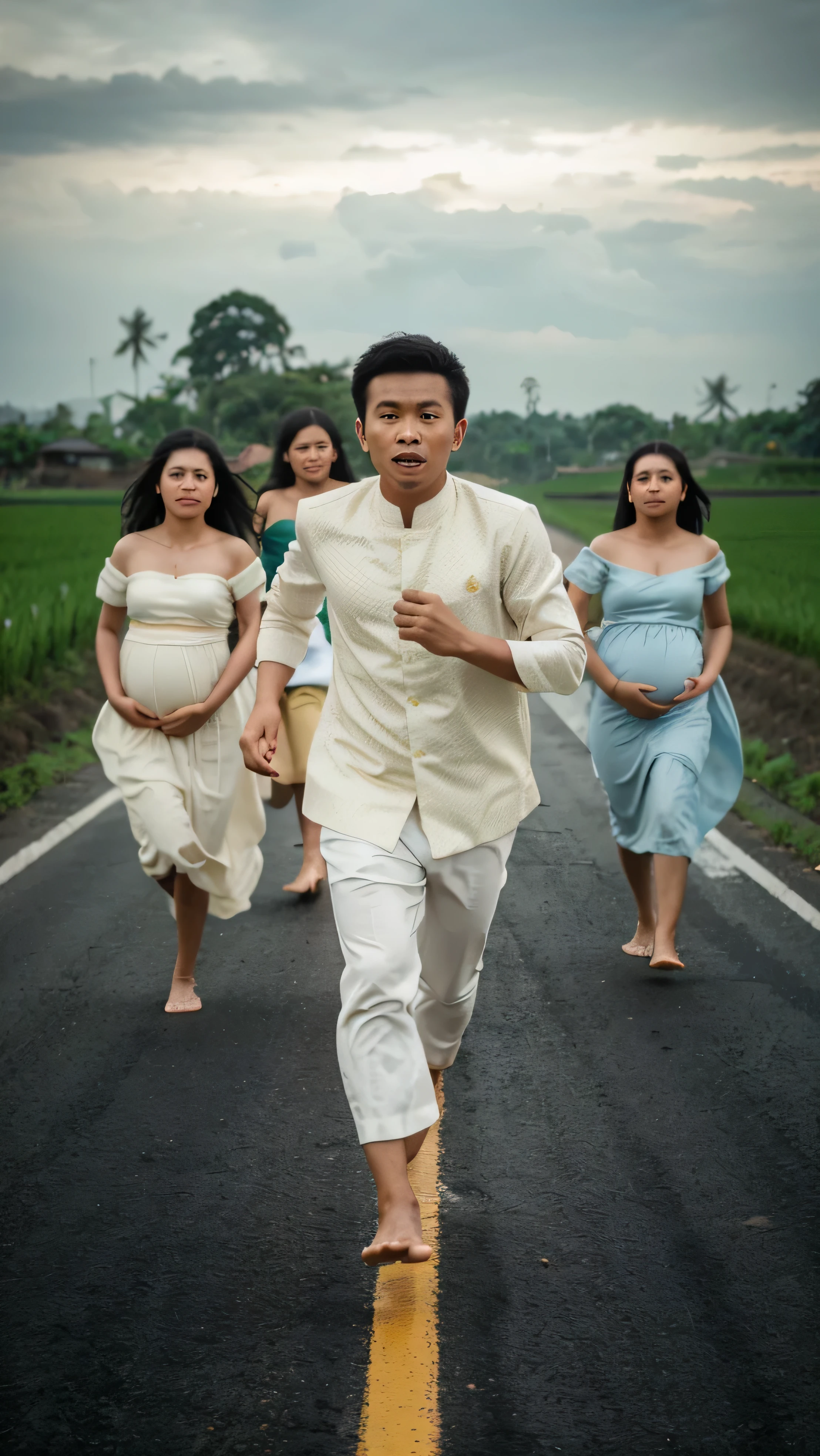 Real photo. young Indonesian man wearing white Indonesian wedding clothes running barefoot with a frightened facial expression. behind him were three beautiful midi women wearing pregnant dresses running after him. the atmosphere of the asphalt road at the edge of the rice fields. photography realistic, highy quality