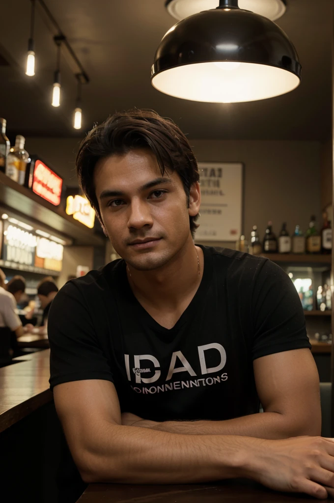The image shows a man wearing a black t-shirt with the words "Daeng Connection" printed on it. He is sitting in a bar with a laptop and a drink in front of him. The bar is crowded with people and there are many lights. The image is captured from the front and shows the man's face. The image is of good quality, well-lit, and in focus. The image is likely to be associated with a brand or a product.