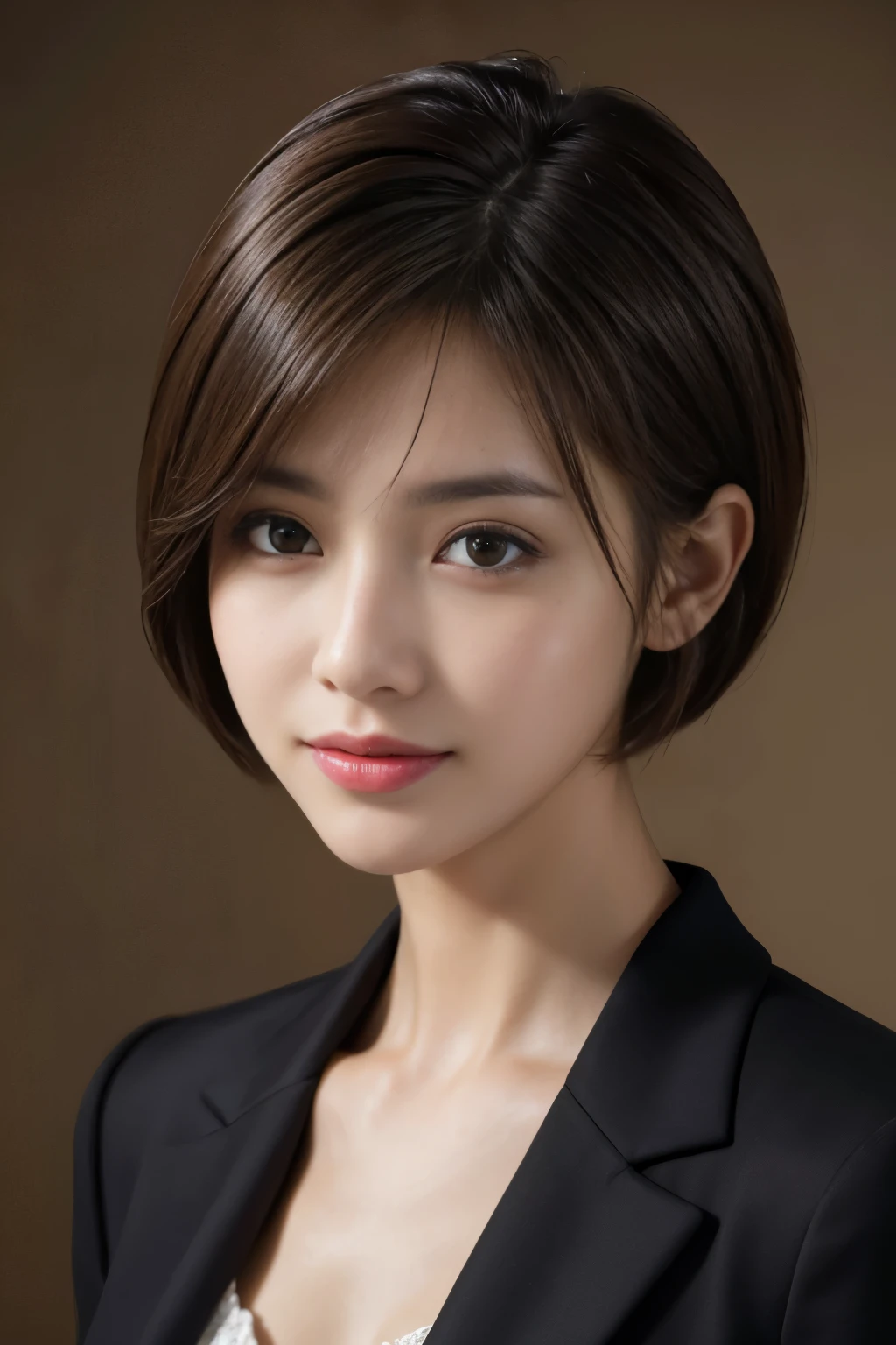 The best quality at its best, Realistically, Super detailed, More about pubic hair, High resolution, Plain background，8k wallpaper, One beautiful woman,,Light brown short hair, Wear a dark suit, Lock Focus, Perfect dynamic composition, Beautiful Eyes, Delicate hair, 细致Realistically的皮肤纹理, smile, Close-up portrait, Model Body Type