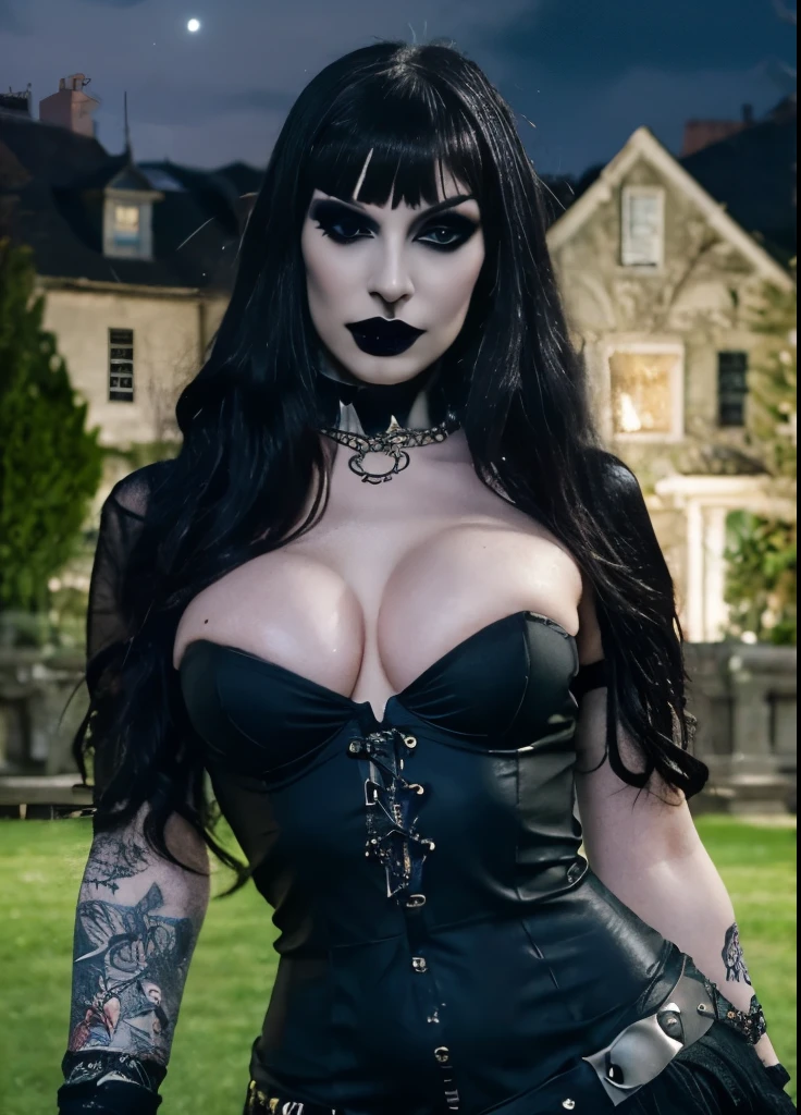 (masterpiece,detailed,highres:1.4) , model shot, close up, detailed face, fine detailed eyes, The most beautiful gothic girl in the world, ((long black hair with fringe, goth makeup)), hot Body, hips, form fitting clothing, pantyhose, ((dark cemitery background, night, under The moonlight)), gothic theme, gothic clothing, natural lighting.