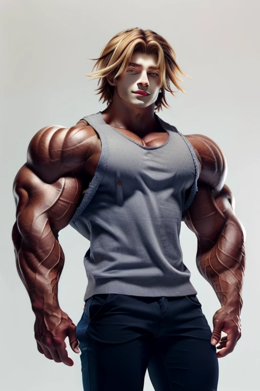anime panel. A handsome male with dirty blonde fluffy layered medium length hair with curled ends, soft pale grey-blue eyes, small tusks, Androgynous, fairly muscular and chubby, muscular chest, covered in many freckles, dark blue sleeveless sweater, black pants, white background
