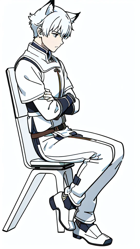 (1boy,15 years old),short hair,solo,white armor ,white hair,fox ears,(white background,line drawing),sitting,from side, looking away,full body,serious,crossed arms