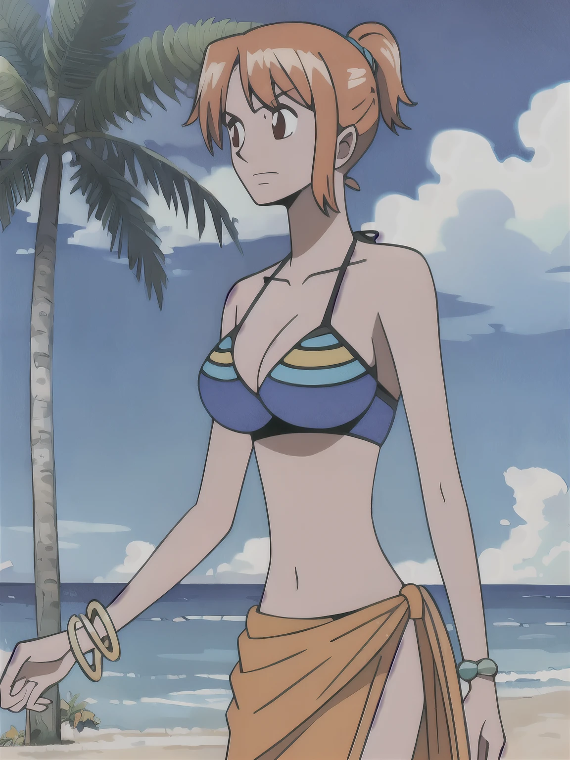 (high-quality, breathtaking),(expressive eyes, perfect face), nami, 1girl, solo, short_hair, Ponytail, breasts, bangs, orange eyes, large_breasts, Orange hair, navel, cleavage, bare shoulders, jewelry, medium breasts, collarbone, swimsuit, bikini, outdoors, sky, day, midriff, cloud, bracelet, tree, blue_sky, crop_top, beach,palm_tree, bangle, sarong, hair_slicked_back