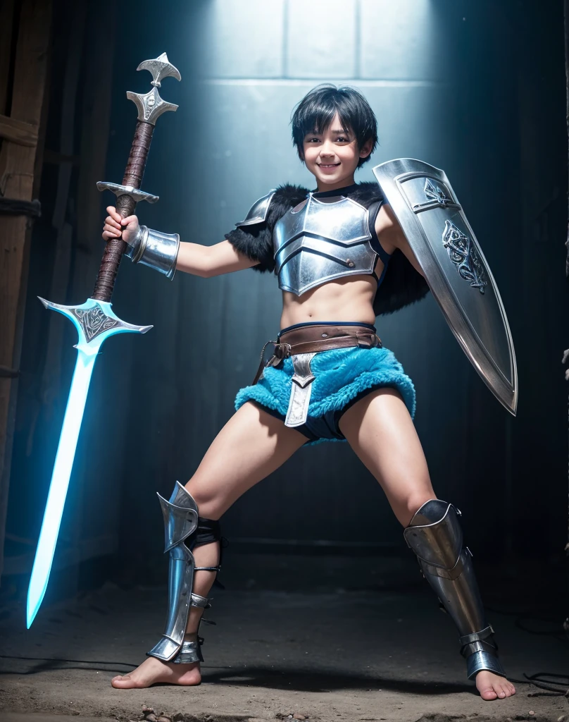 Young 13-year-old boy with black hair and brown eyes, innocent and happy, dressed in short neon-blue medieval barbarian clothes, fur shorts, light-blue battle armor, weilding silver sword and shield, barefoot; fullbody; short hair, boyish athletic, sexy,