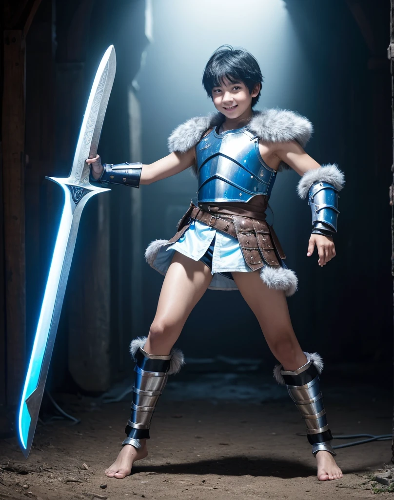 Young -yeld boith black hair and brown eyes, innocent and happy, dressed in short neon-blue medieval barbarian clothes, fur shorts, light-blue battle armor, weilding silver sword and shield, barefoot; fullbody; short hair, boyish athletic, sexy,