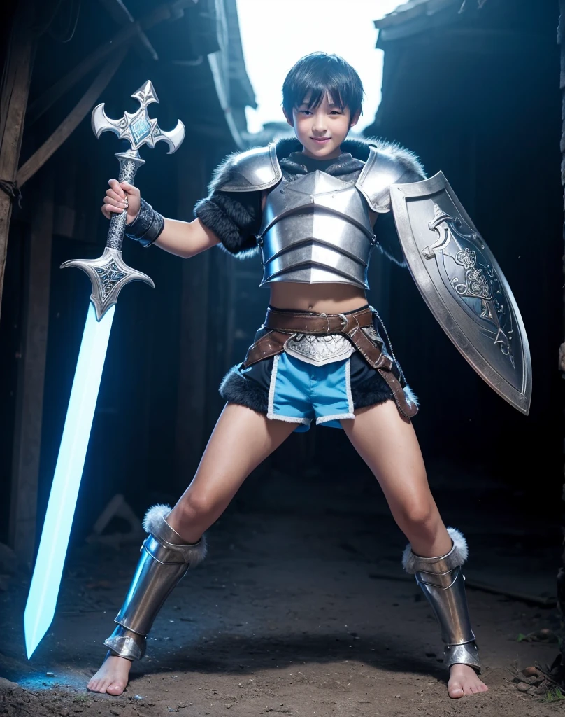 Young 13-year-old boy with black hair and brown eyes, innocent and happy, dressed in short neon-blue medieval barbarian clothes, fur shorts, light-blue battle armor, weilding silver sword and shield, barefoot; fullbody; short hair, boyish athletic, sexy,