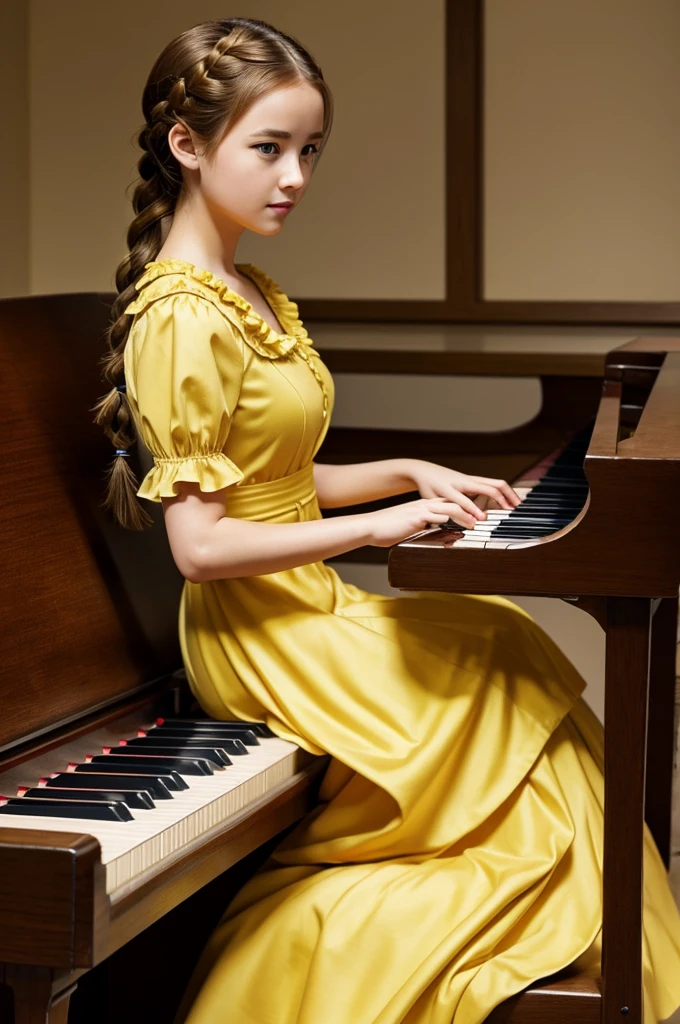 (Masterpiece, Best Quality. walpper anime) create a girl playing the piano who has brown hair and a braid, Also she has a yellow dress, Please 